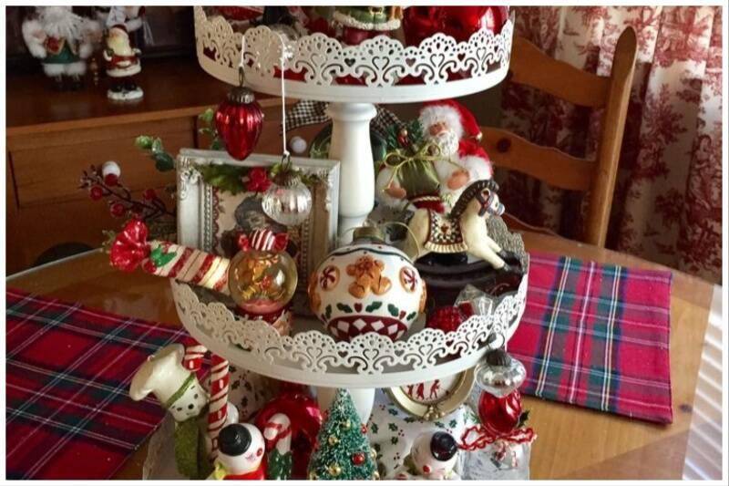 Serving tray used as centerpiece Christmas decor.