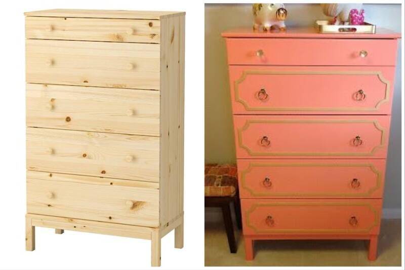 L: Wooden dresser. R: Painted dresser in pink.