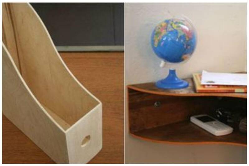 Magazine rack being used as corner small desk.