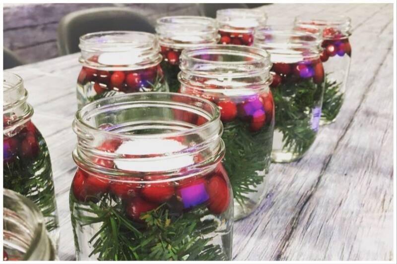 Mason jars as Christmas centerpiece decor.