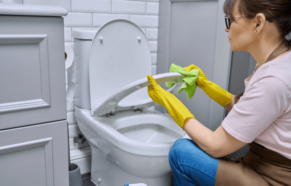 woman wearing yellow rubber gloves cleaning toilet seat