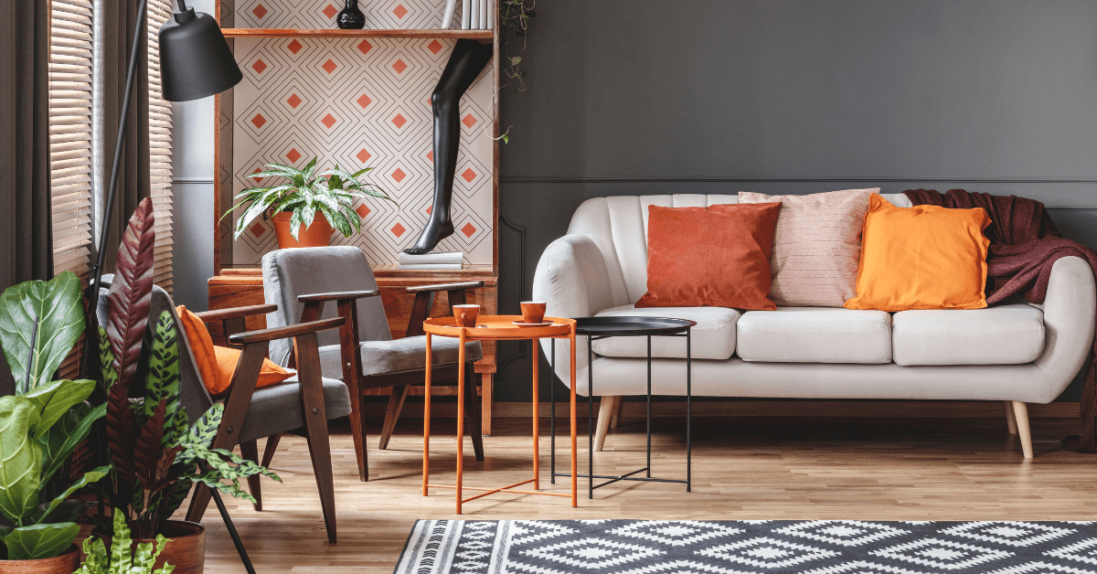 Living room with mix of patterns and shapes.