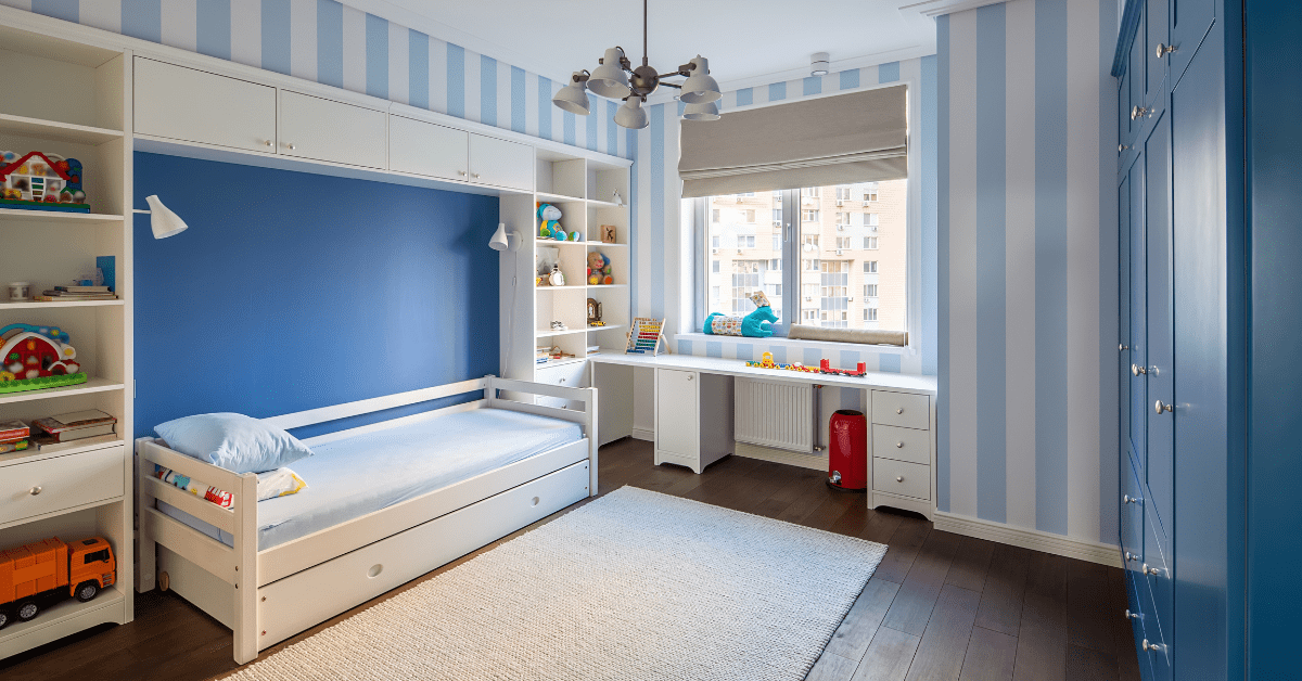 Kids room with blue walls.