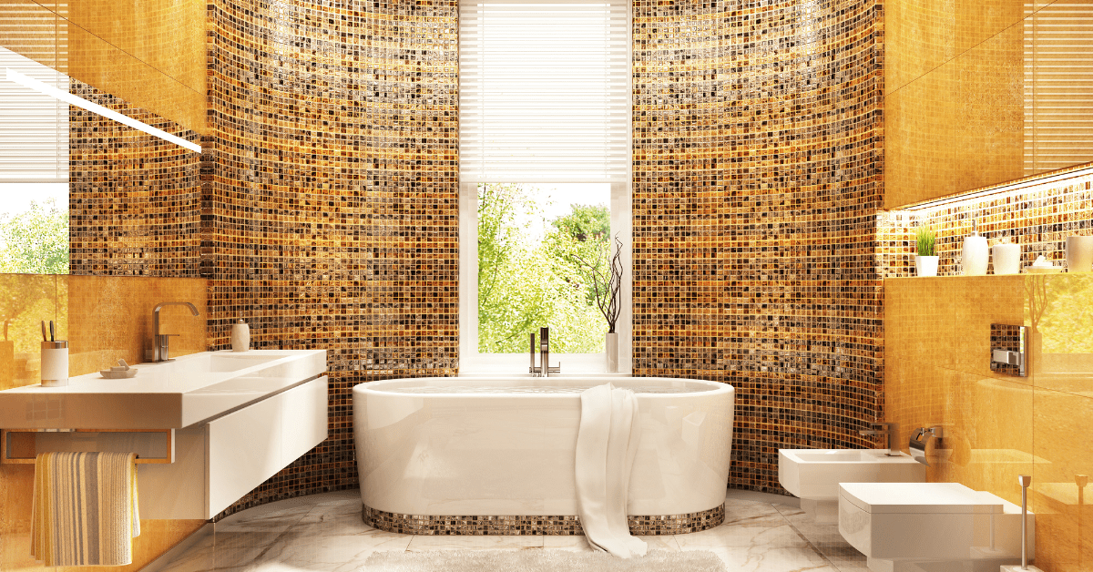 Large bathroom with floor-to-ceiling mosaic tile.