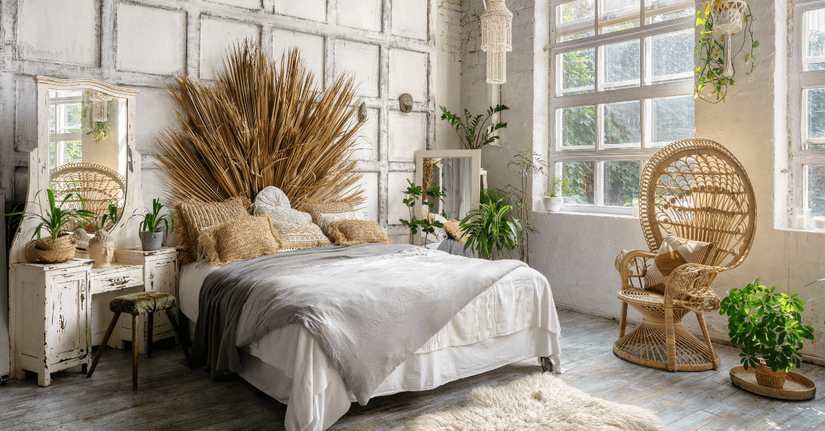 Bohemian-style bedroom with plants.