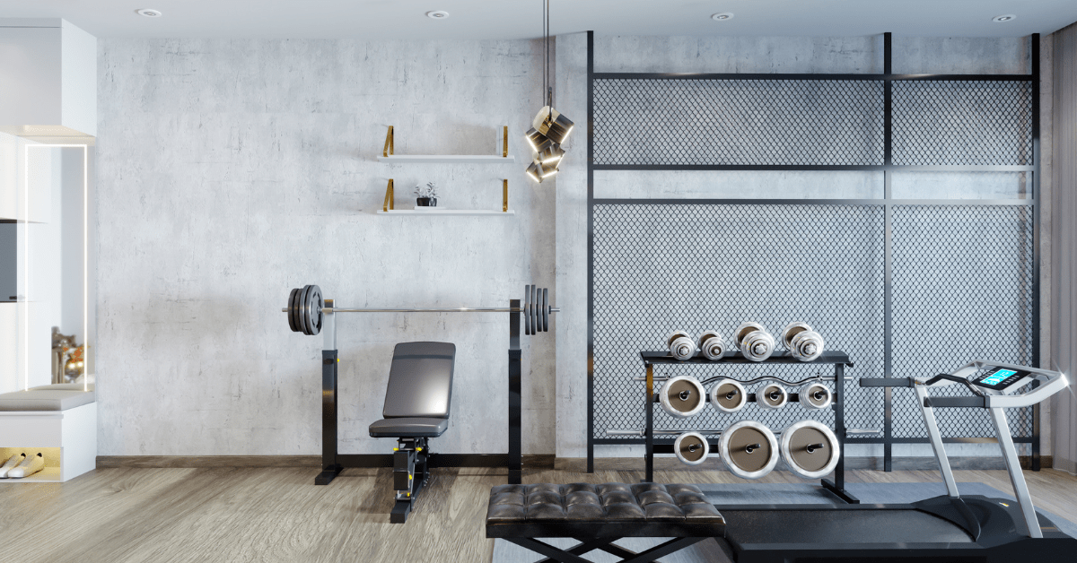 Modern home gym with weight racks.