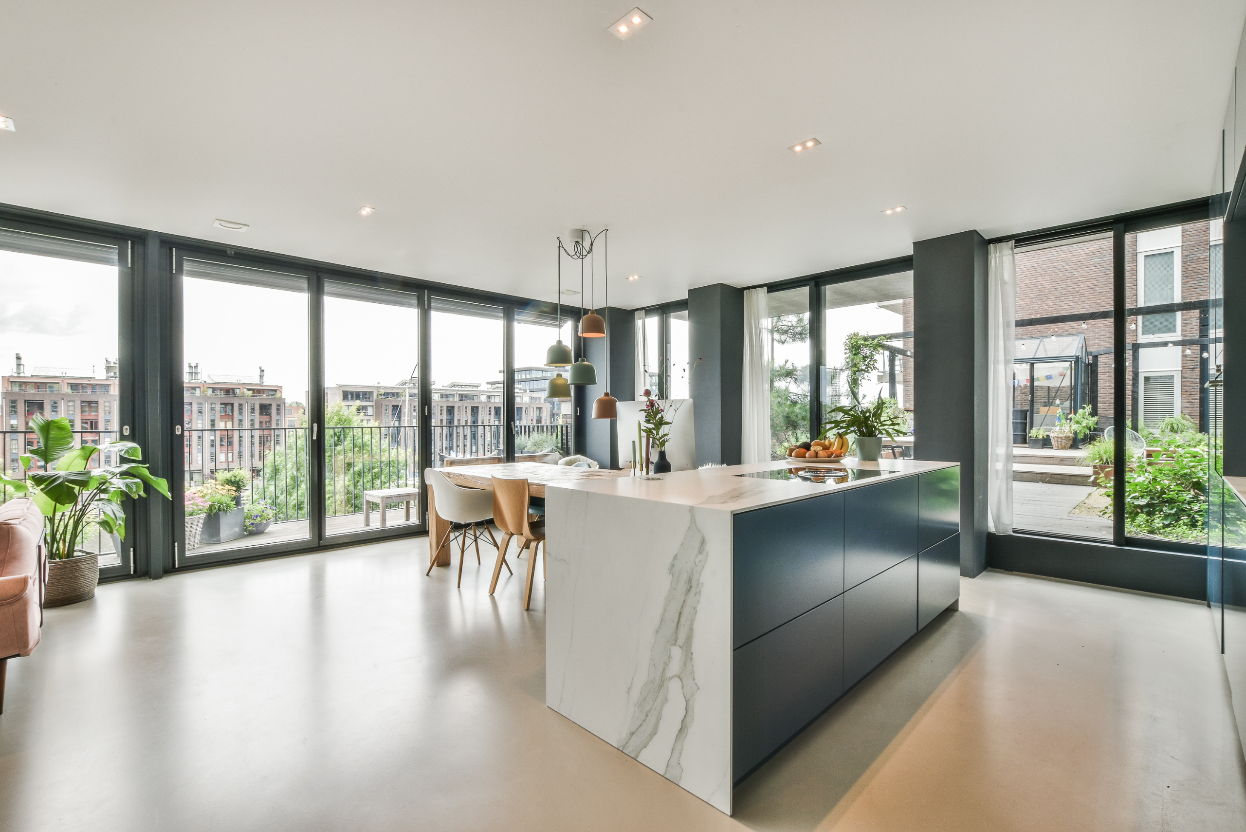 Luxurious open concept kitchen and dining room.