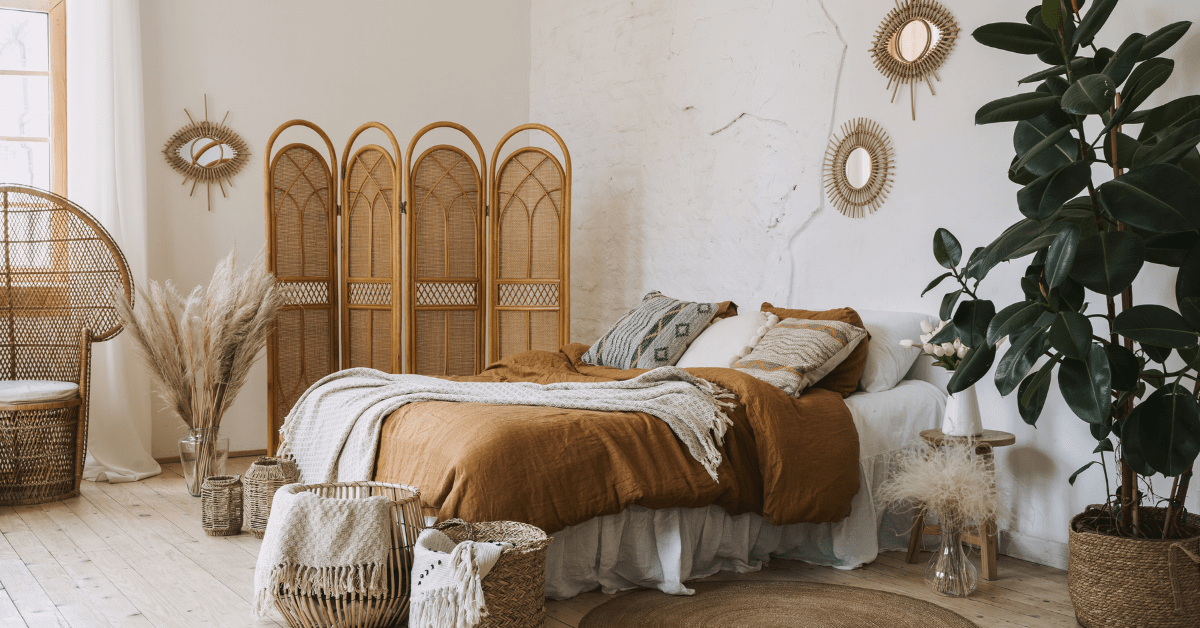 Bohemian bedroom with natural colored decor.