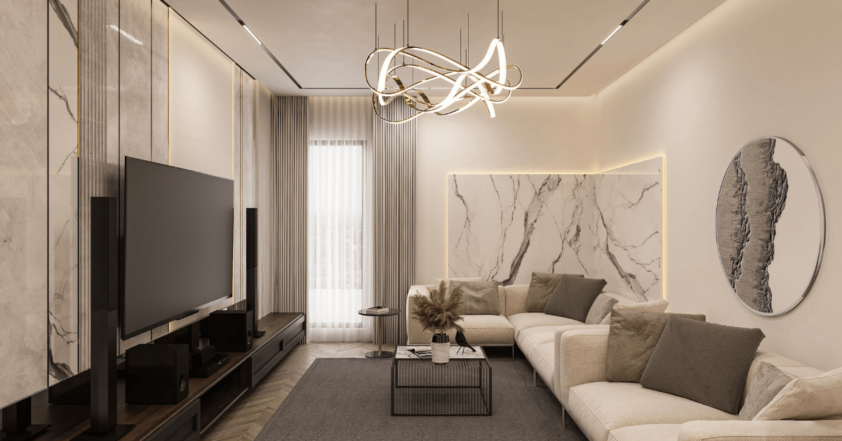 Modern and luxurious living room with a statement lighting piece.