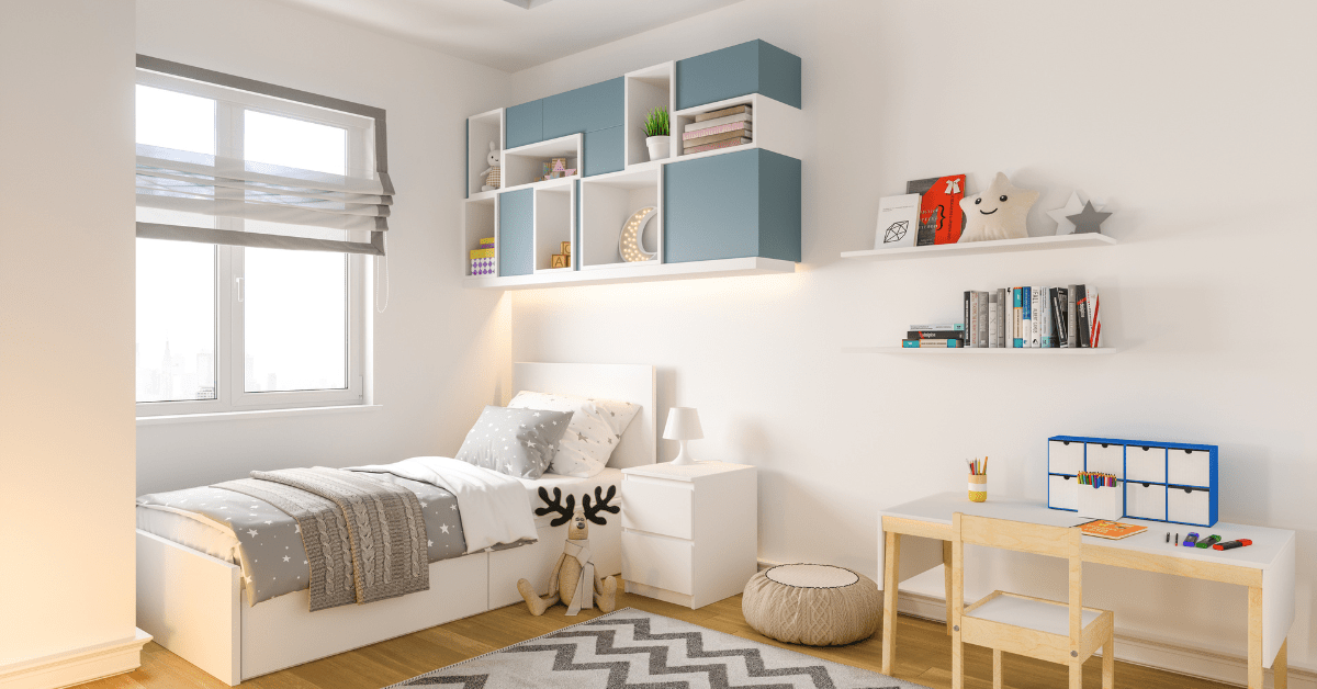 Kids room with floating shelves.