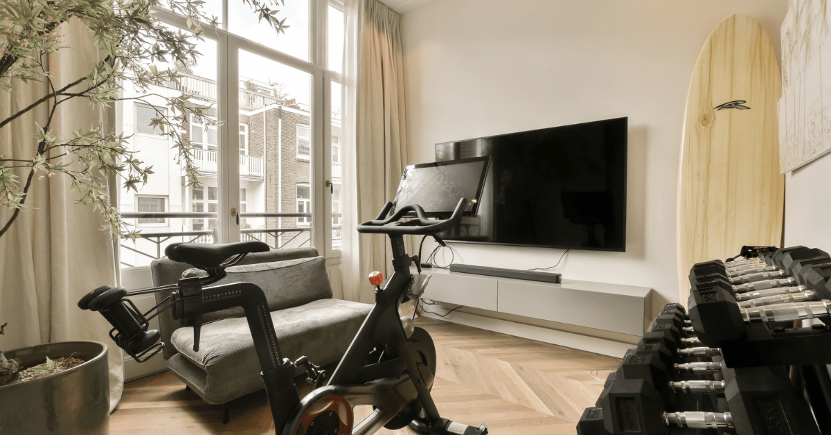 Exercise bike in front of a TV. 