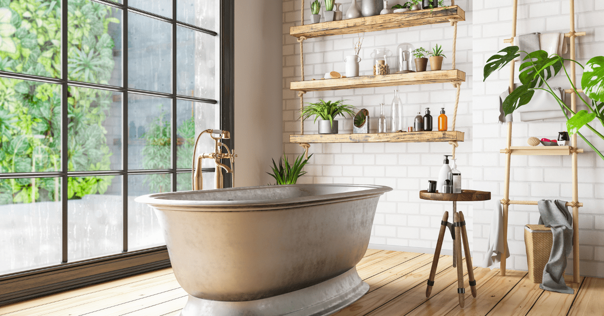 Metal tub in a minilist bathroom.