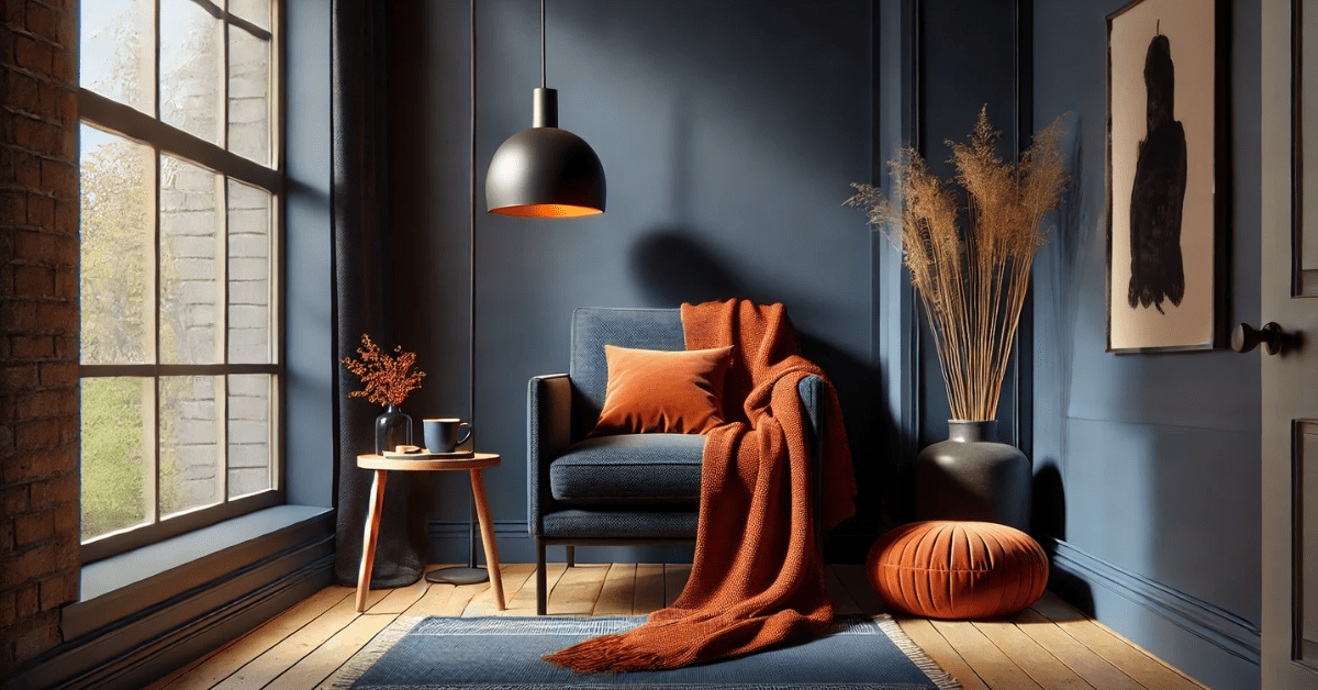 Navy blue and orange reading nook.