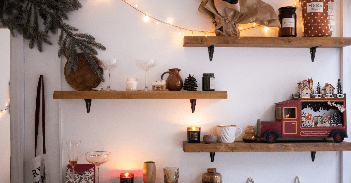 Floating shelves with various items.