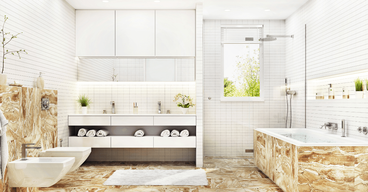 White modern mosaic bathroom.