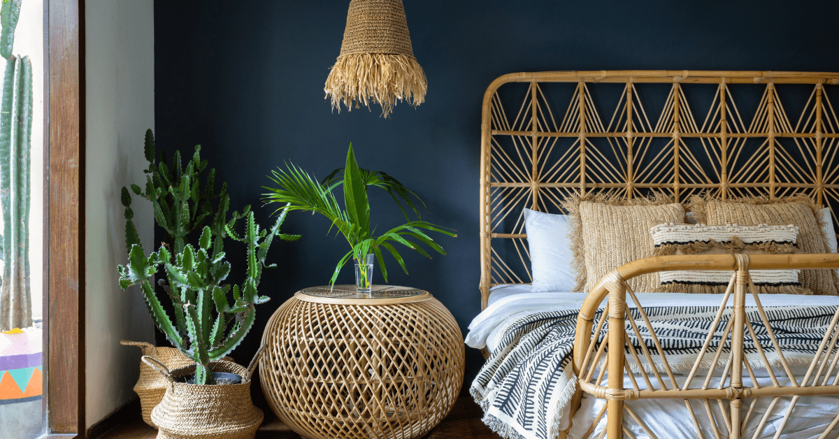 Bold color wall in a bohemian bedroom.