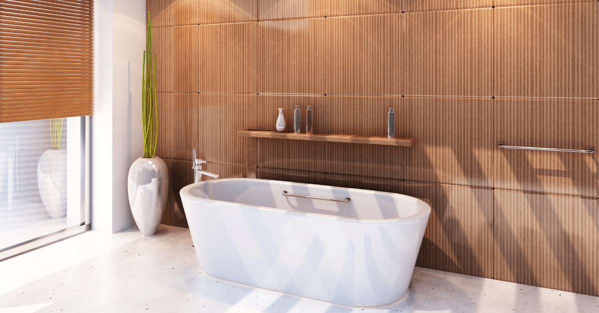 White tub in a wood-finished bathroom.