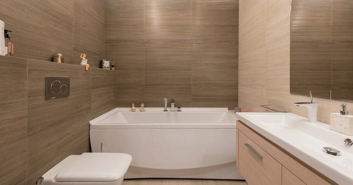 Modern bathroom with white tub.