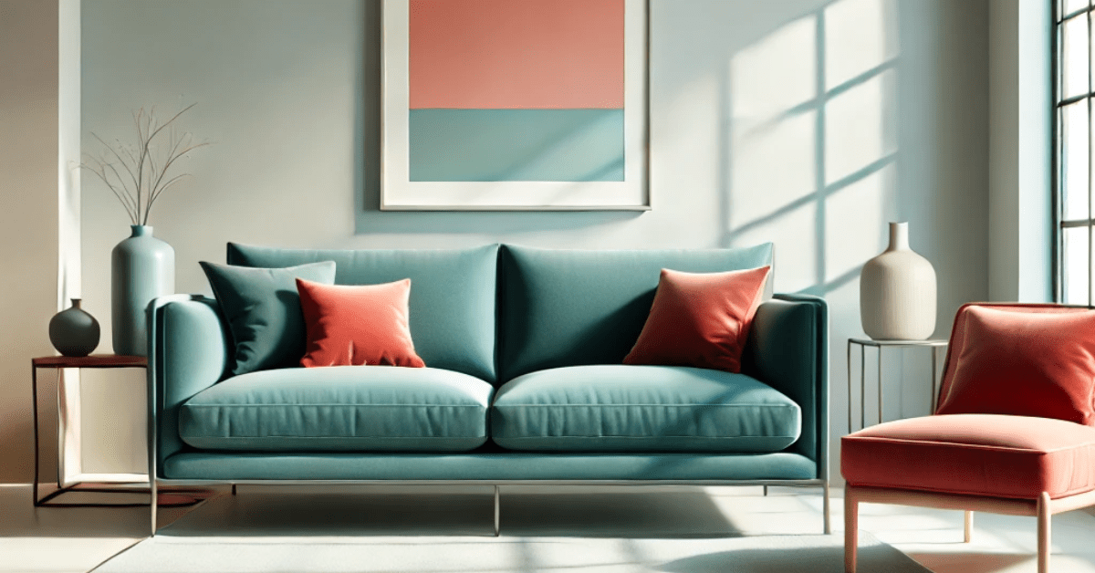 Teal and cloral pink living room.