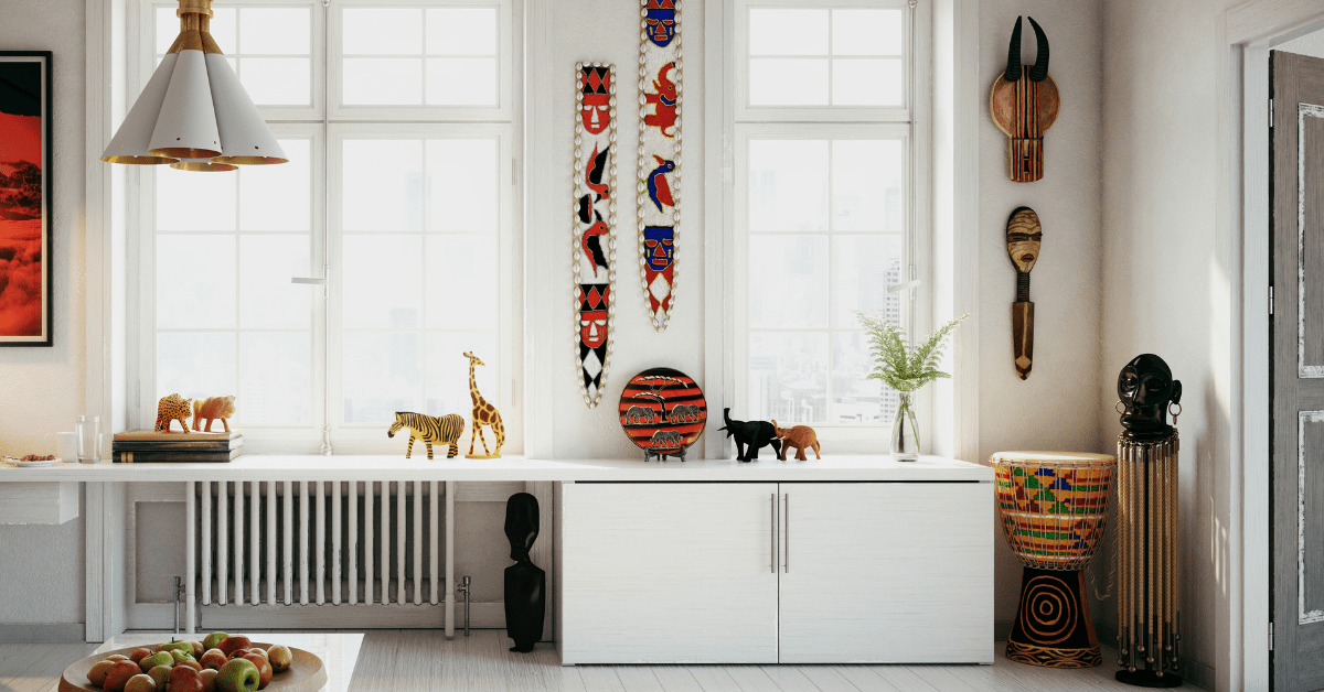 Scandifornian-styled room with travel souvenirs.