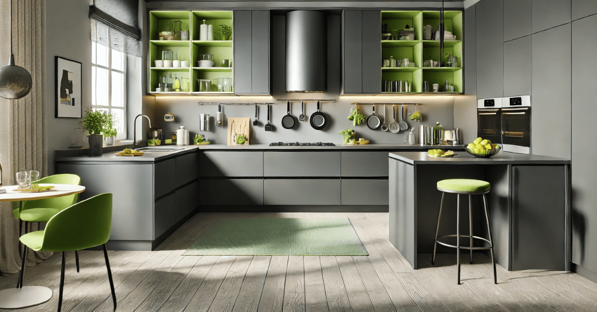 Grey and lime green kitchen.