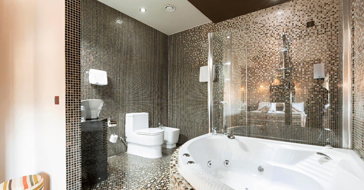 Mosaic tile in a bathroom with brown color.