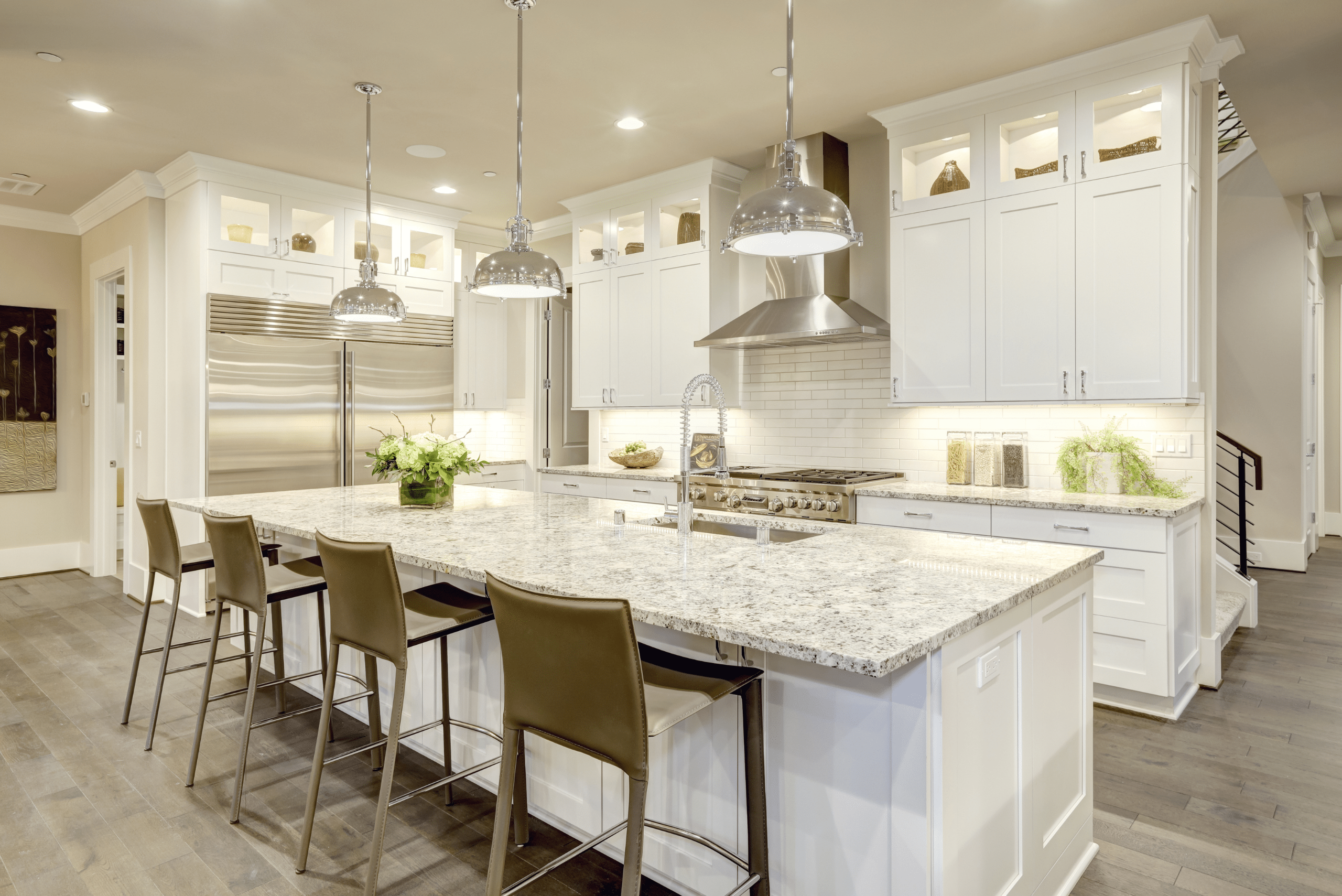 Kitchen with luxurious marble countertop.