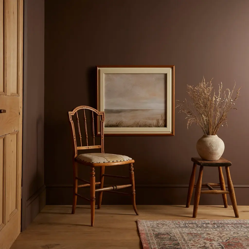 Chair in a room with brown wall paint.