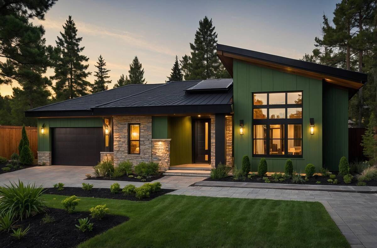 Modern green house exterior with wood accents.