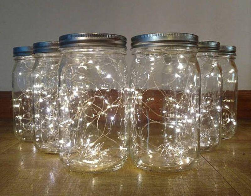 White Christmas lights in mason jars.