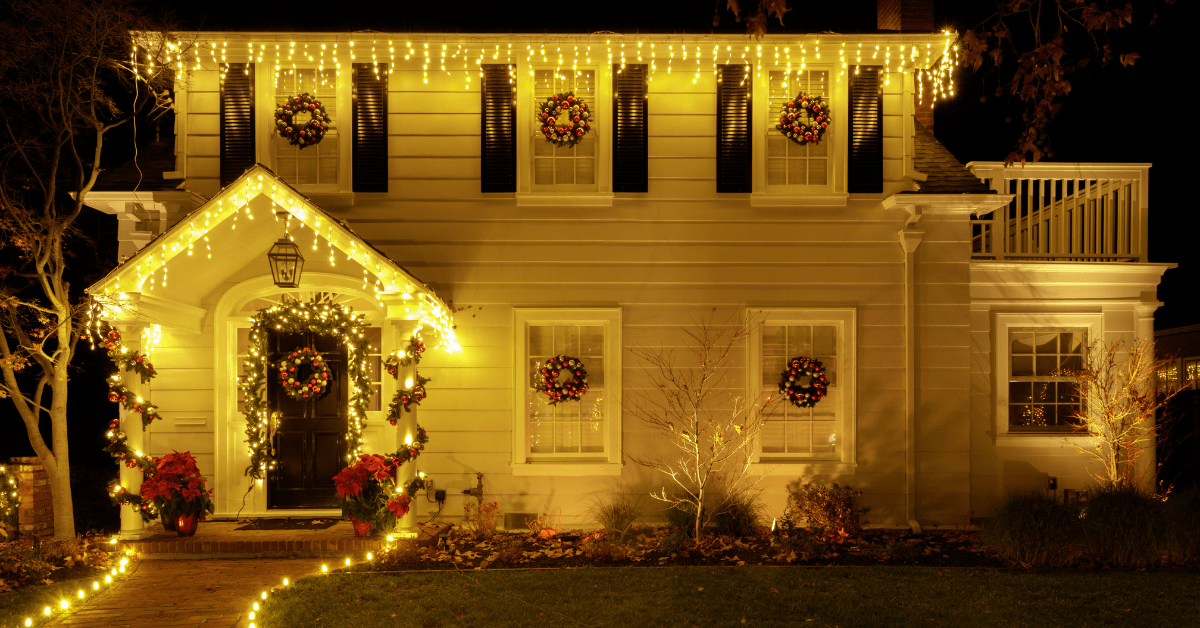 Christmas decorated house with lights.