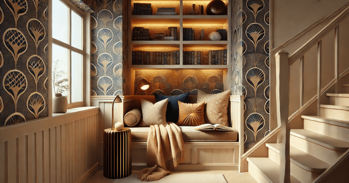 Reading nook in a staircase landing.