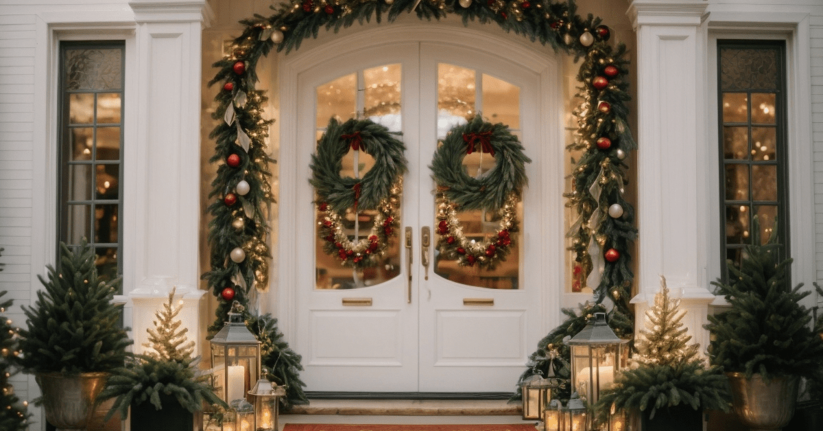 Front door of a house with Christmas decor.