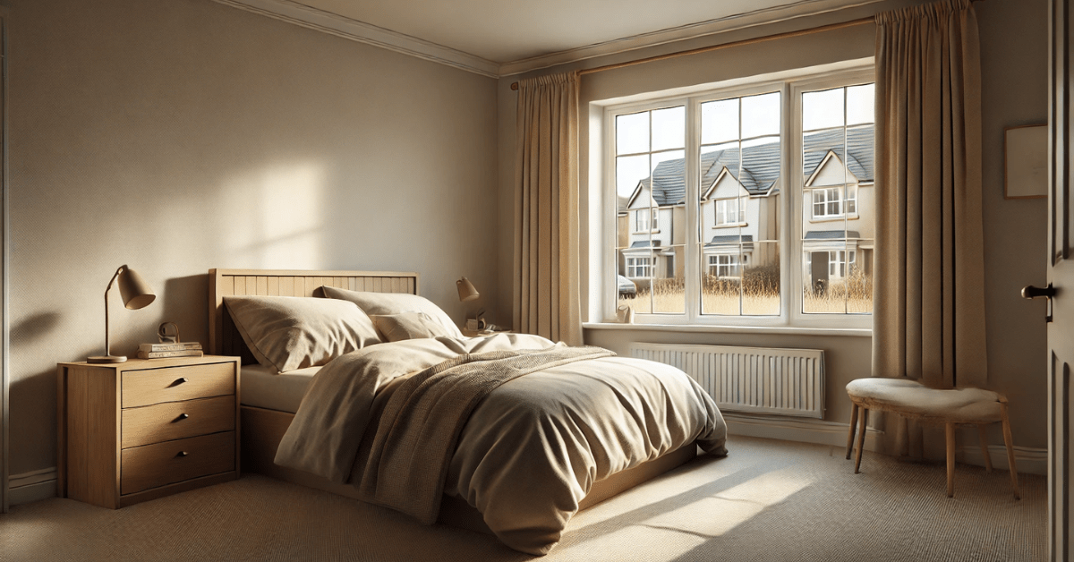 Natural-color bedroom with bed against a window.