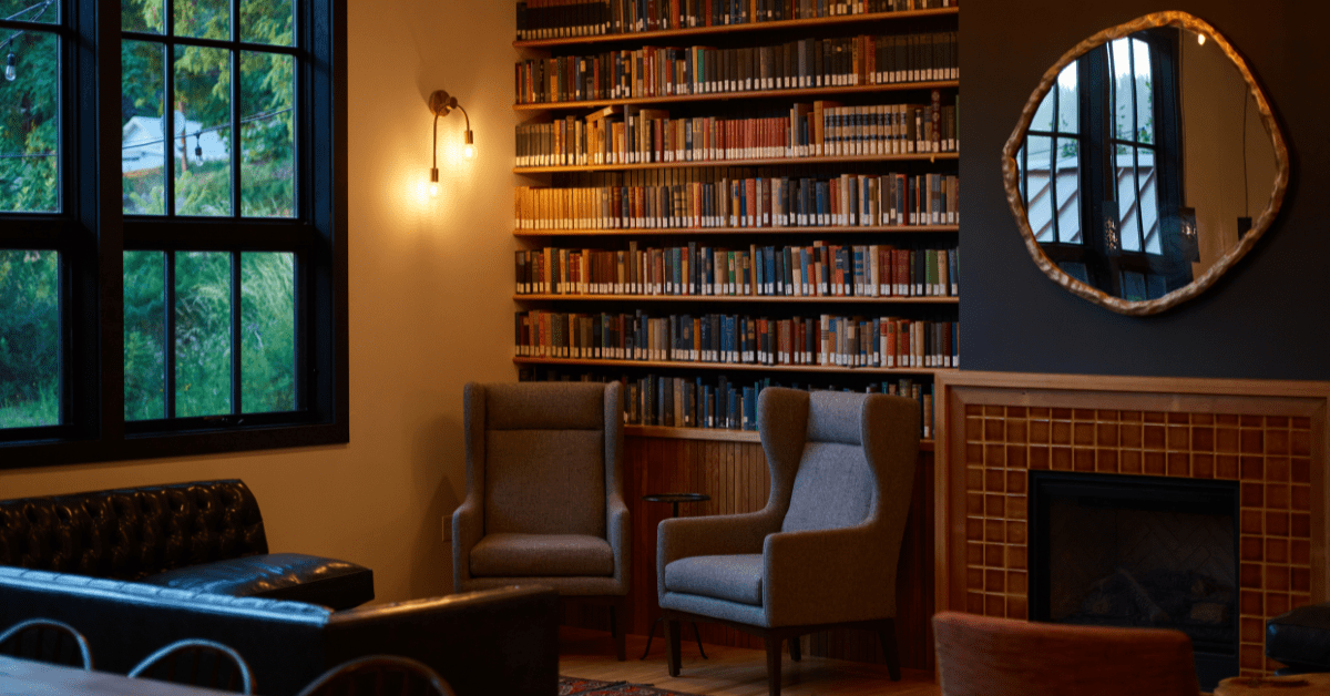 Reading room with a large bookshelf.