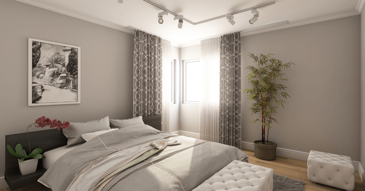 Grey bedding in a guest room.