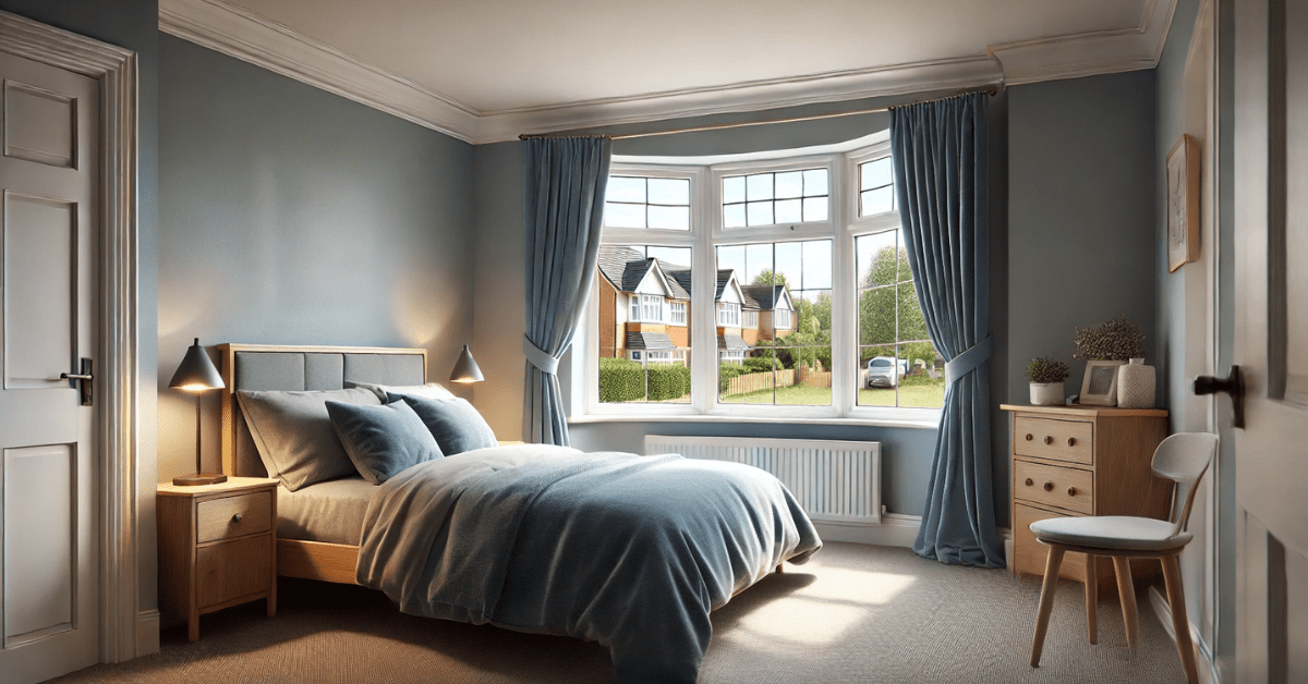 Blue bedroom with bed against window.