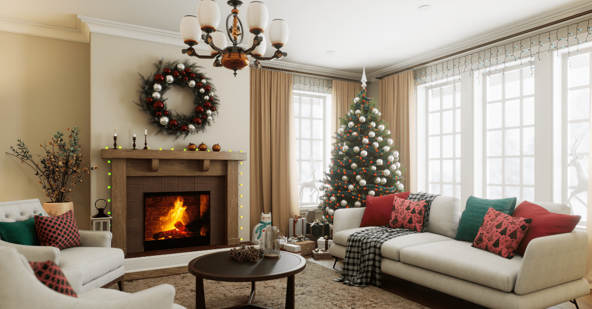 Christmas decorated living room with a tree and fireplace.