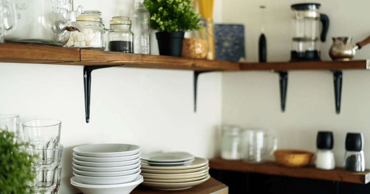 Open shelving in a kitchen.