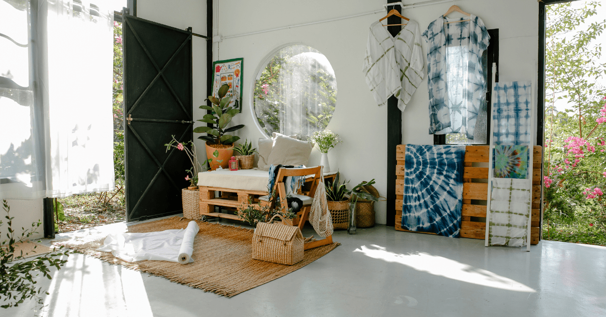 Living room with repurposed items for furniture.