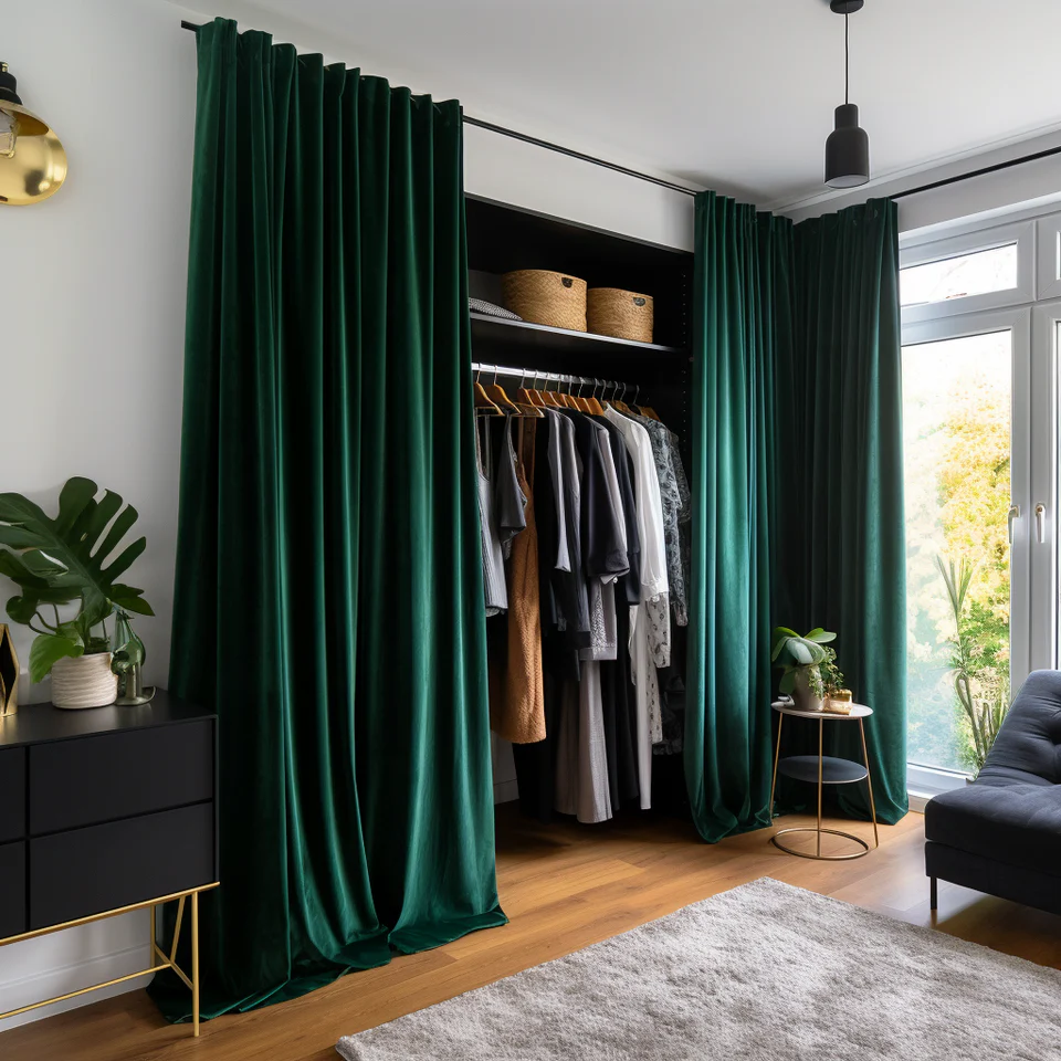 Closet with green curtain as a door.