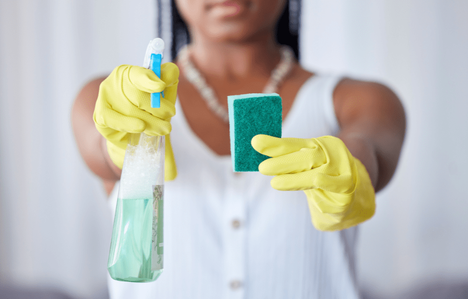 A woman holding up a sponge and spray bottle.