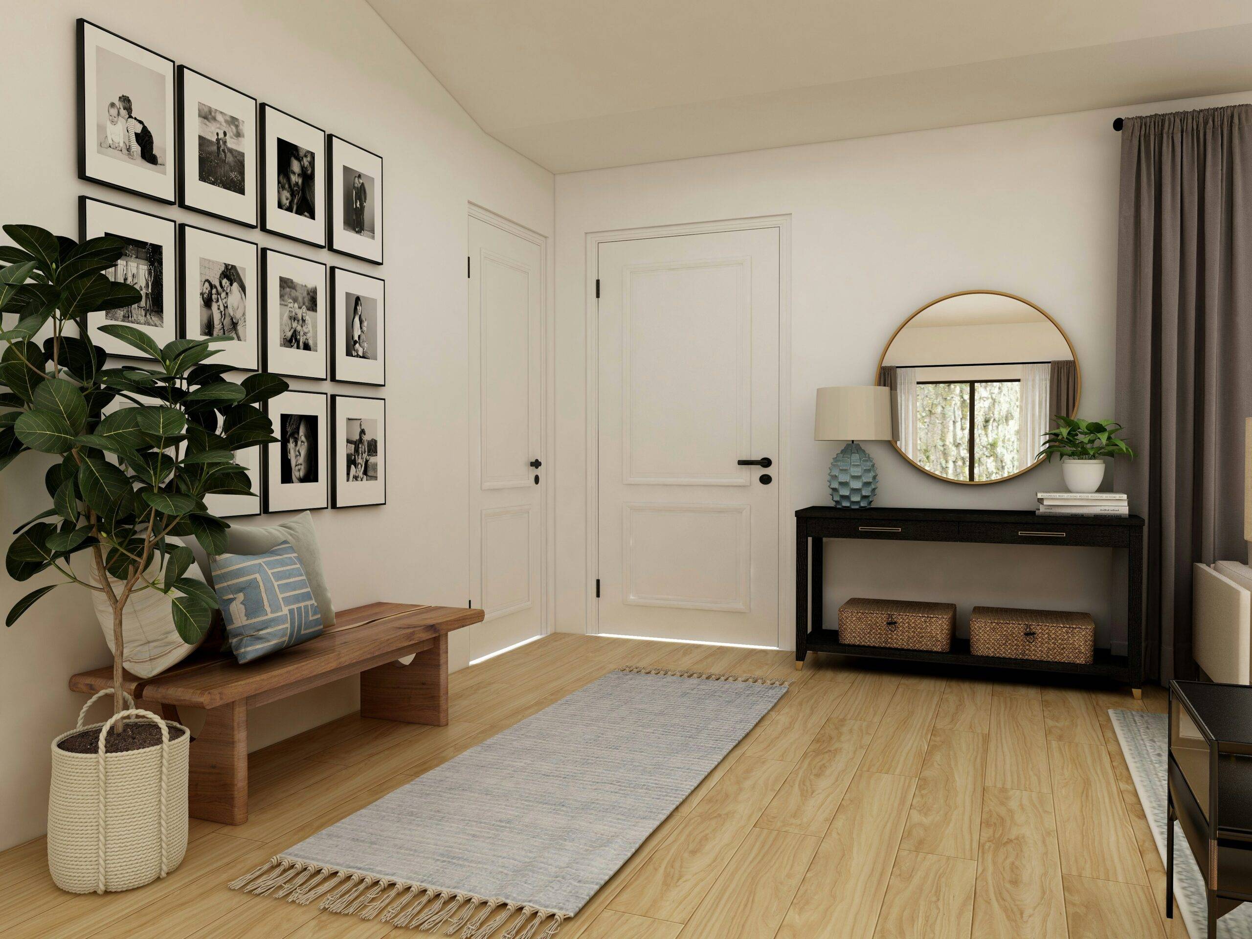 front entryway with long narrow rug, bench seating, gallery wall and mirror