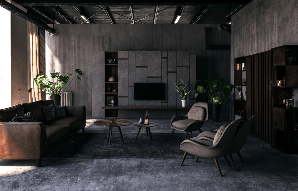 A dark gray living room.