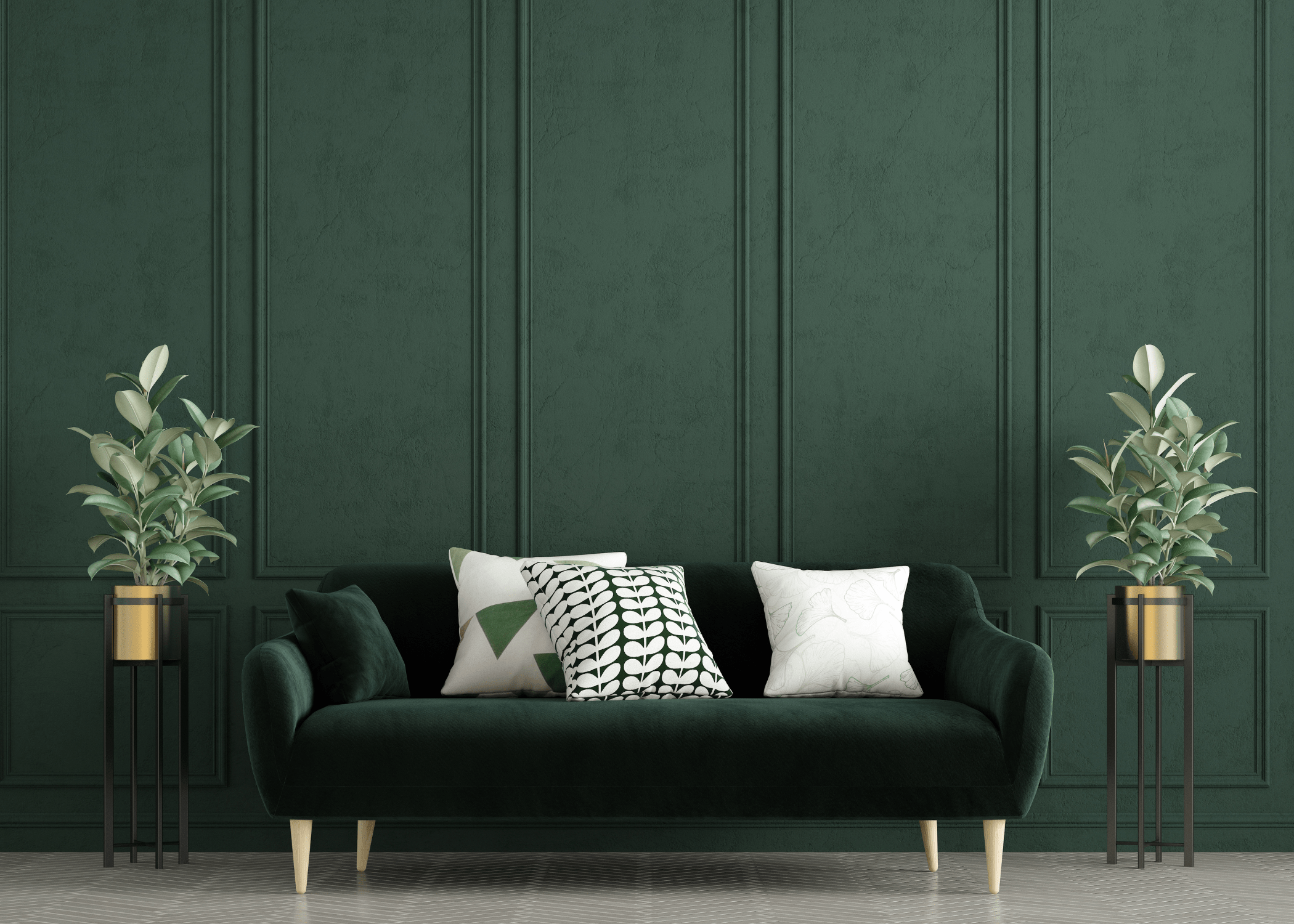 A forest green living room.