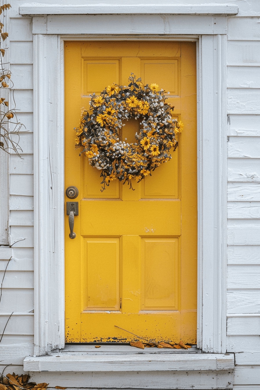 A yellow door with a wreath on it.