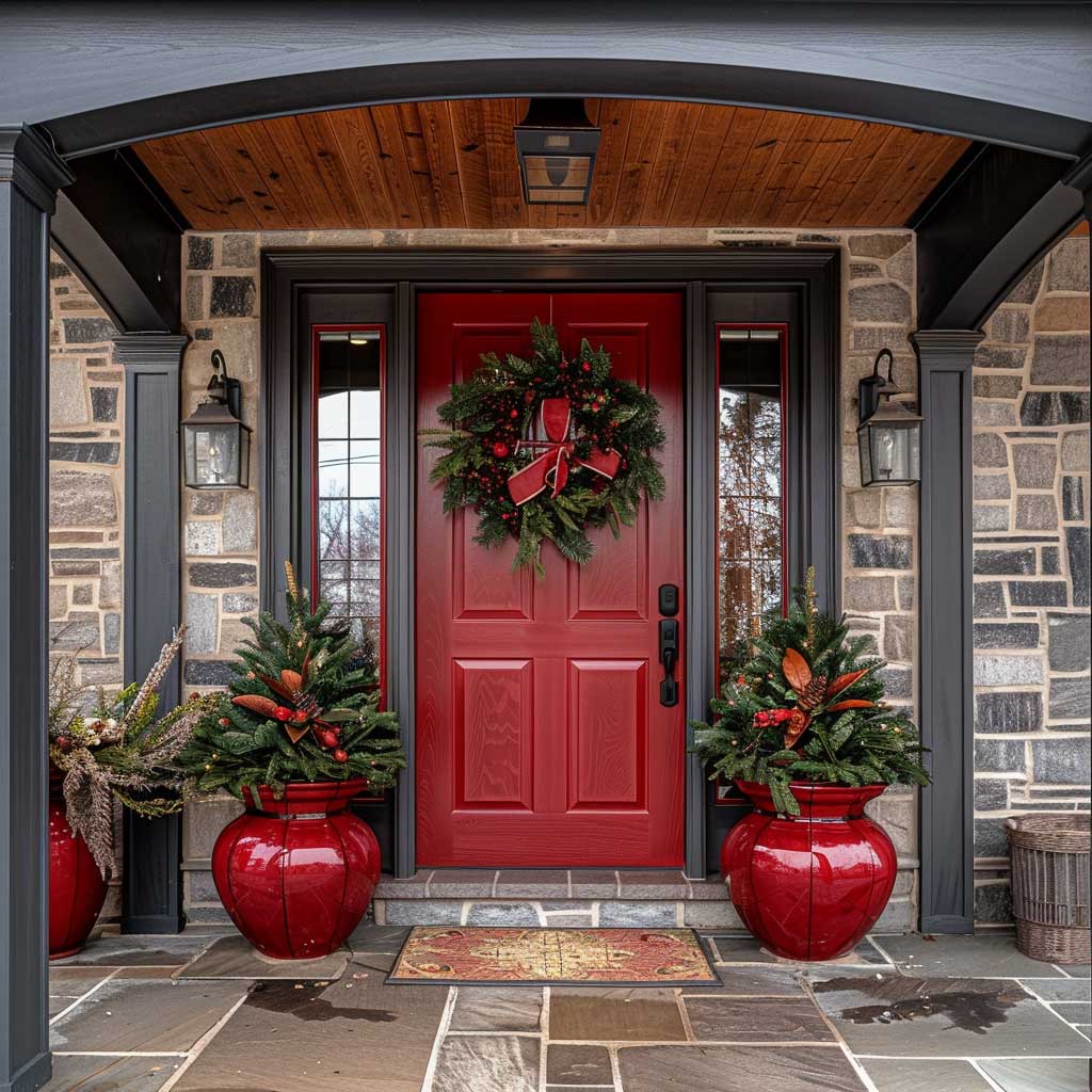 A red door with a wreath on it.