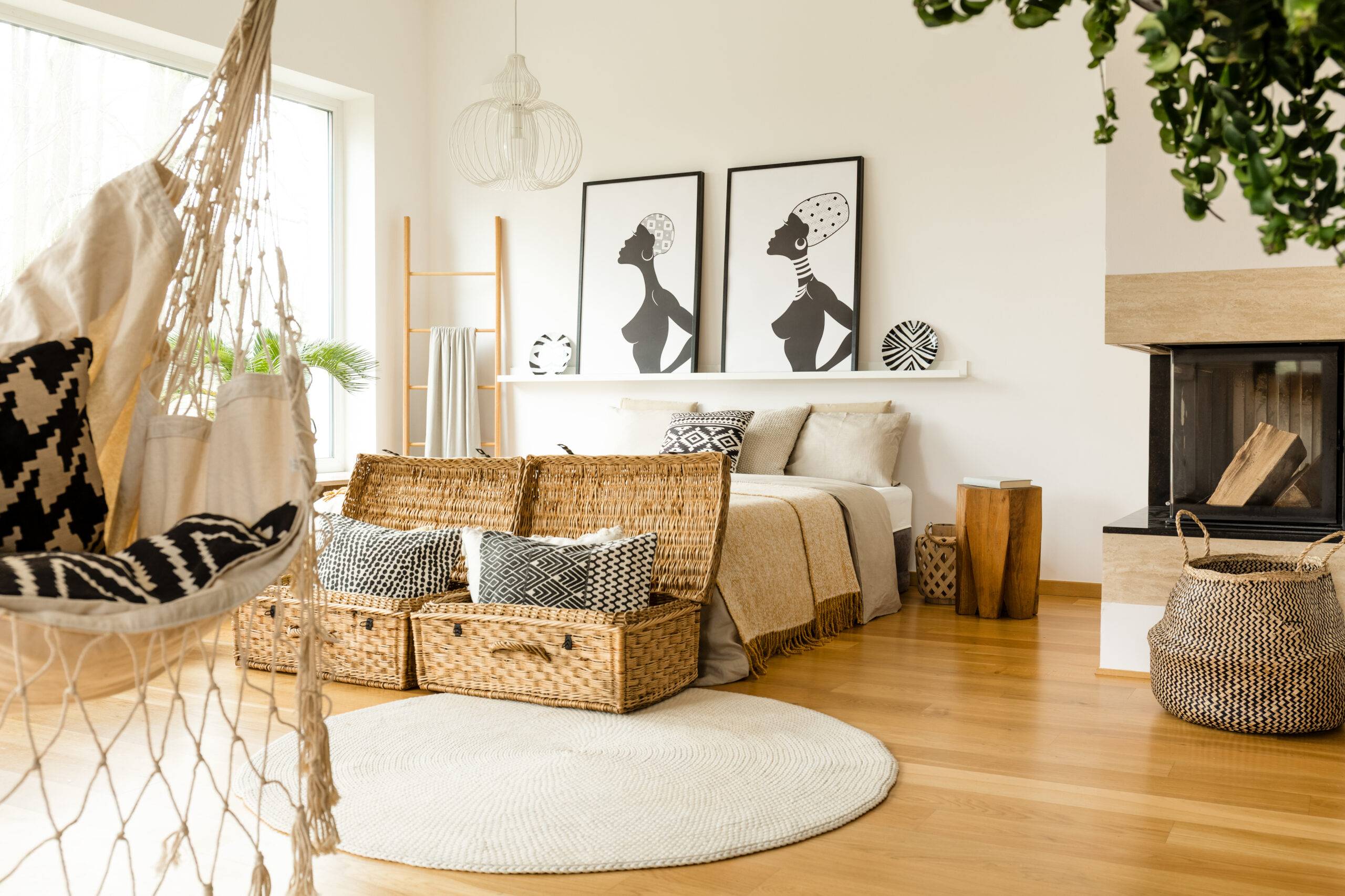 Patterned pillows in hammock in boho bedroom interior with african posters above bed