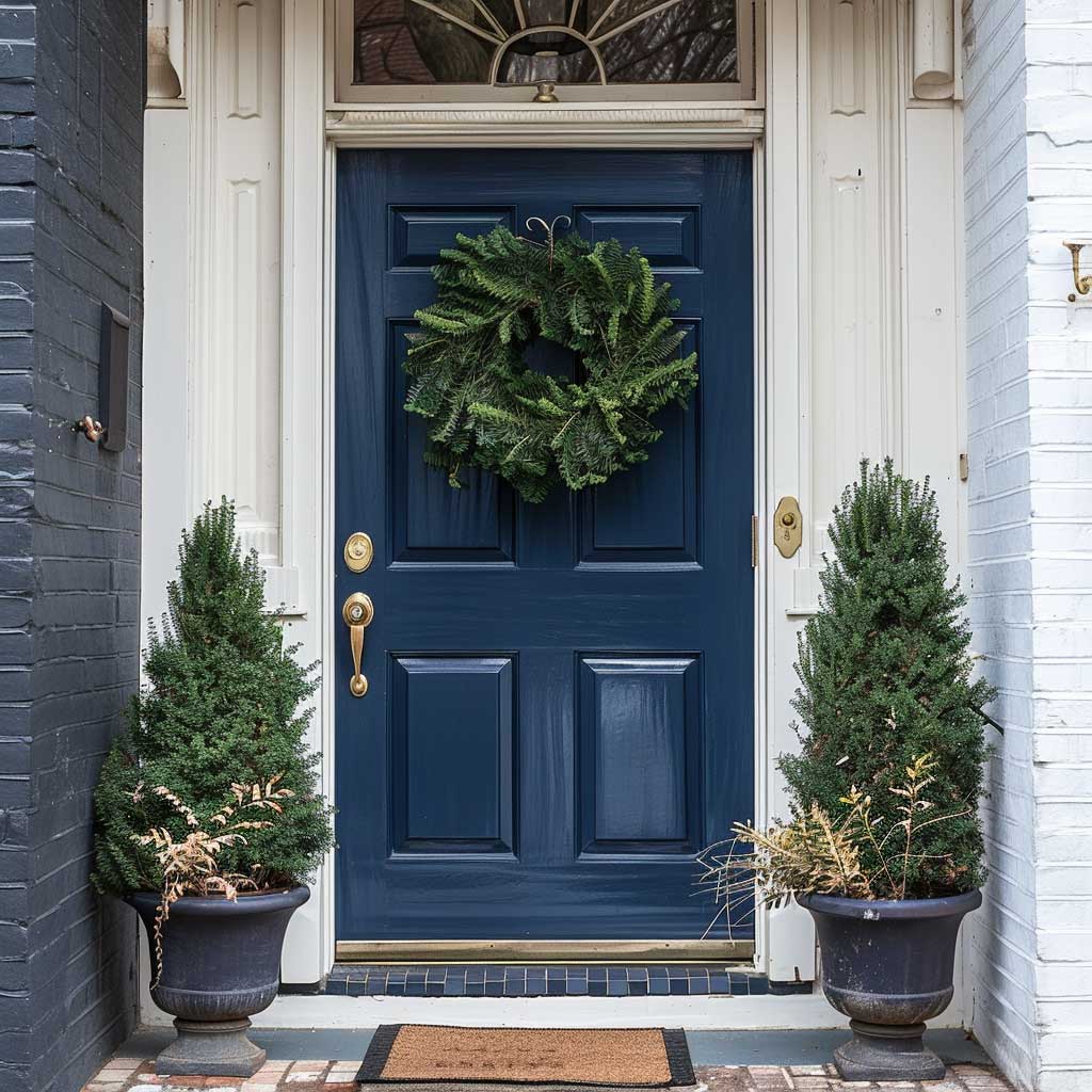 A blue door with a wreath on it.