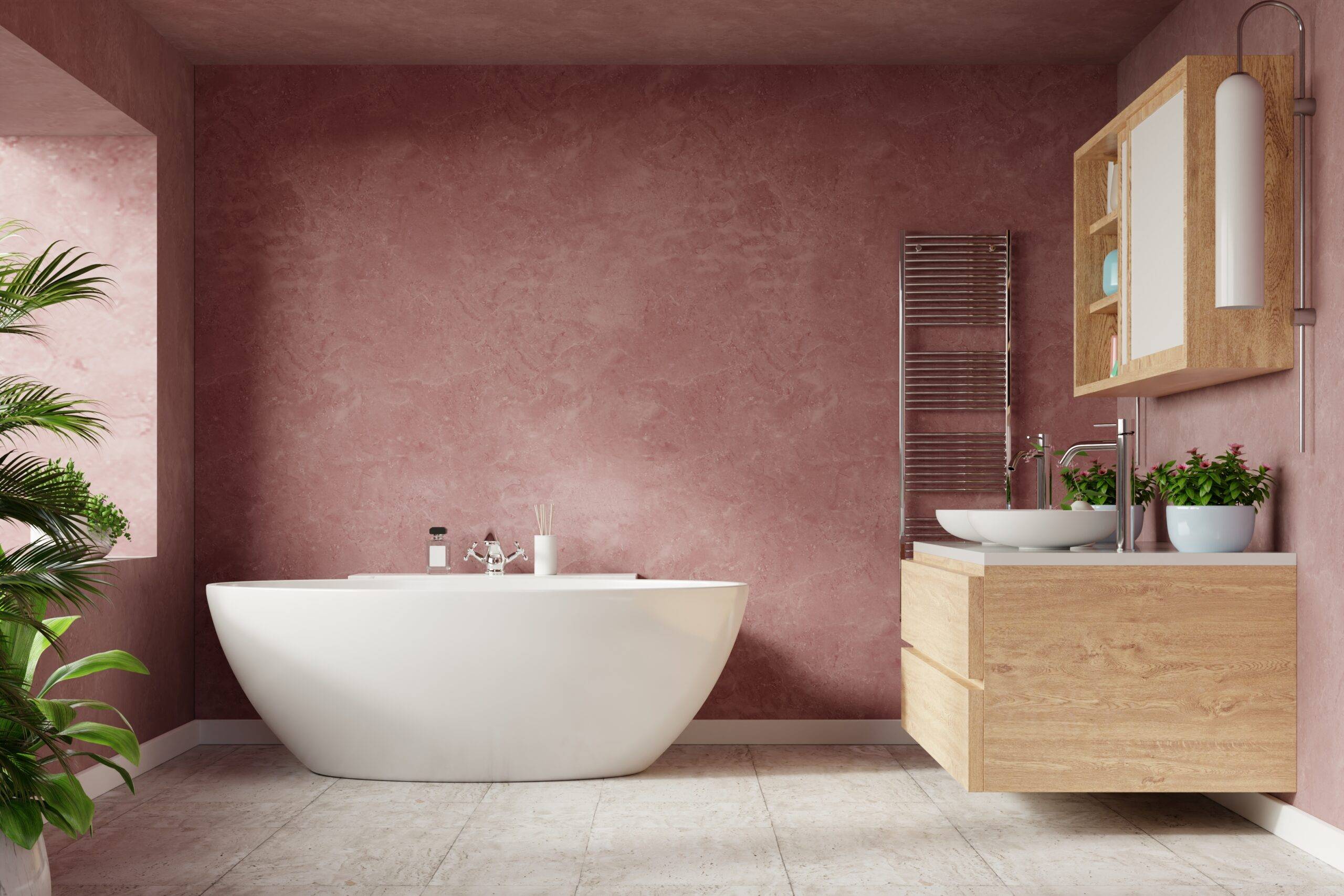 A bathroom with a bathtub and vanity.